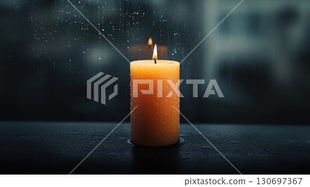 a lit orange candle in a dark window 130697367