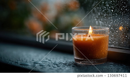 a lit orange candle in a dark window 130697411
