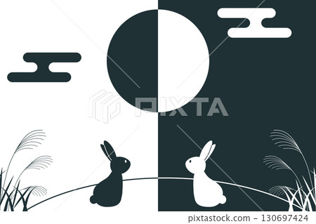 農曆十五夜的滿月和兔子剪影設計 | 賞月，滿月，兔子，蒲葦，農曆十五夜 130697424