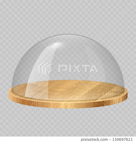 Glass dome with wooden tray. Transparent crystal bell, container, case, cover with round wood plate. Empty product display or showcase. Realistic vector illustration isolated on transparent background 130697621
