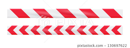 Caution warning tapes. Danger tapes with diagonal white-red strips for construction, crime scene or danger zone. Warning ribbons isolated on white background. Realistic vector 130697622