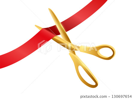 Grand opening ceremony. Golden scissors cutting red ribbon isolated on white background. Luxury event announcement, stage celebration, or business launch. Realistic vector illustration Grand opening ceremony. Golden scissors cutting red ribbon isolated on white background. Luxury event announcement, stage celebration, or business launch. Realistic vector illustration 130697654
