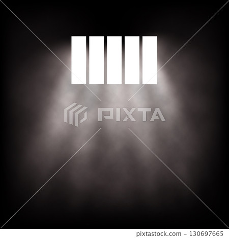 Light rays shining through prison bars in darkness with fog or smoke effect. Jail window background. Abstract vector illustration 130697665