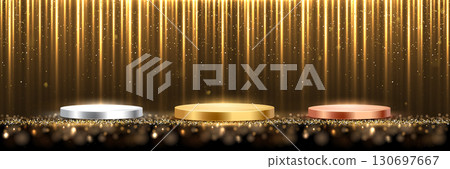 Gold, silver and bronze award podiums. Shiny stage with three winner platforms under falling glitter and sparkling spotlight. Celebration, victory, ceremony mock-up. Abstract vector illustration 130697667