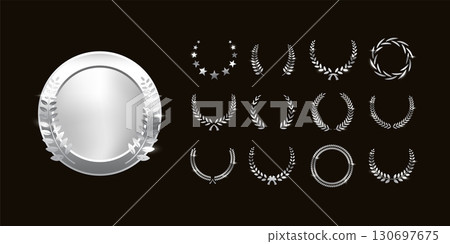 Silver award medal with set of various laurel wreaths. Metallic circle medallion, certificate, stamp, badge. Symbols of win, honor, prestige, achievement, excellence. Realistic vector illustration Silver award medal with set of various laurel wreaths. Metallic circle medallion, certificate, stamp, badge. Symbols of win, honor, prestige, achievement, excellence. Realistic vector illustration 130697675