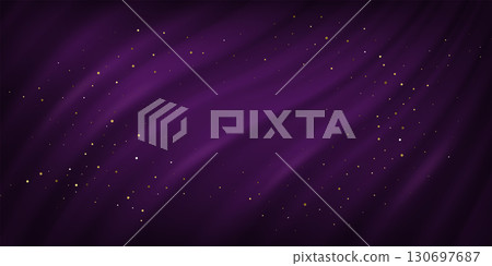 Purple silk fabric luxury background with golden dust. Wavy satin cloth texture backdrop for product display or award ceremony. Elegant realistic vector illustration Purple silk fabric luxury background with golden dust. Wavy satin cloth texture backdrop for product display or award ceremony. Elegant realistic vector illustration 130697687