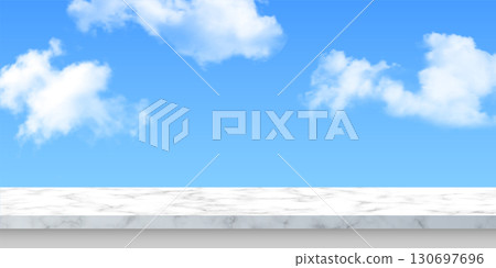 Marble podium with blue sky and clouds background. White stone platform for product display or advertising. Minimal clean scene with natural light. Abstract vector illustration Marble podium with blue sky and clouds background. White stone platform for product display or advertising. Minimal clean scene with natural light. Abstract vector illustration 130697696