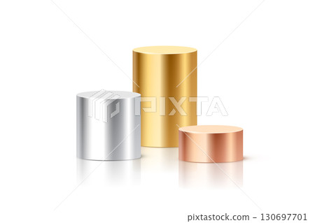 Metallic cylinder podium columns in silver, gold, and bronze colors. 3D cylindrical pedestal pillars for ranking, product display, award ceremony. Realistic vector illustration Metallic cylinder podium columns in silver, gold, and bronze colors. 3D cylindrical pedestal pillars for ranking, product display, award ceremony. Realistic vector illustration 130697701