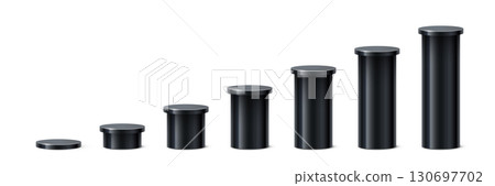 Black cylindrical podiums in ascending height. Minimalist 3D columns for ranking, data visualization, infographics, or product display. Realistic vector illustration Black cylindrical podiums in ascending height. Minimalist 3D columns for ranking, data visualization, infographics, or product display. Realistic vector illustration 130697702