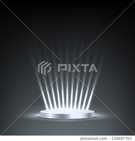 Silver award podium vector illustration. Abstract empty 3d platinum stage with glowing light rays on black background. Luxury product presentation, glamour design for beauty industry Silver award podium vector illustration. Abstract empty 3d platinum stage with glowing light rays on black background. Luxury product presentation, glamour design for beauty industry 130697705