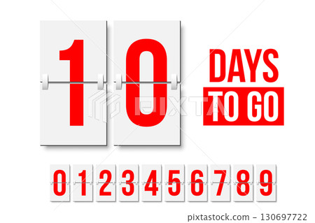 Countdown days to go poster. Count time display with all numbers from zero to nine. Sales or promotion clock. Realistic vector illustration isolated on white 130697722