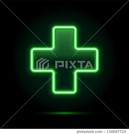 Green neon medical cross sign. Glowing pharmacy or healthcare symbol on dark background. Bright illuminated plus icon for clinic, hospital, or drugstore. 3D realistic vector illustration Green neon medical cross sign. Glowing pharmacy or healthcare symbol on dark background. Bright illuminated plus icon for clinic, hospital, or drugstore. 3D realistic vector illustration 130697724