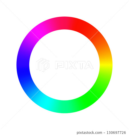 RGB hue circle. Color wheel gradient ring. Circular spectrum showing smooth transition between red, orange, yellow, green, cyan, blue, and magenta on white background. Vector illustration 130697726