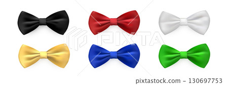 Bow tie set of red, white, black, yellow, green, blur colors. Bowties for business suit. Classic silk neckties vector illustration. Realistic gentleman luxury fashion element of costume 130697753