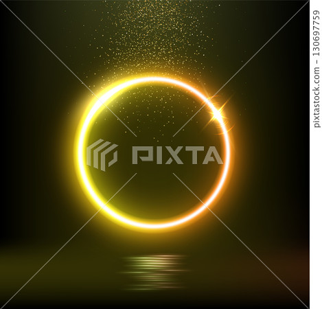 Glowing yellow orange neon circle with sparkling particles and reflection on dark background. Bright circular light frame for futuristic, sci-fi, festive design elements. Abstract vector illustration Glowing yellow orange neon circle with sparkling particles and reflection on dark background. Bright circular light frame for futuristic, sci-fi, festive design elements. Abstract vector illustration 130697759