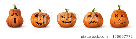 Halloween pumpkin faces set with five carved jack lanterns showing different expressions. Scary, funny, spooky and stitched faces in orange festive style. Seasonal holiday vector illustration Halloween pumpkin faces set with five carved jack lanterns showing different expressions. Scary, funny, spooky and stitched faces in orange festive style. Seasonal holiday vector illustration 130697772