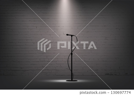 Microphone and spotlight on empty stage. Black mic stand under white lights in front of brick wall for music performance, podcast, comedy or singing contest. Realistic vector illustration Microphone and spotlight on empty stage. Black mic stand under white lights in front of brick wall for music performance, podcast, comedy or singing contest. Realistic vector illustration 130697774