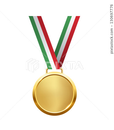 Golden medal. Realistic 3D award medal with ribbons, symbolizing first place in sports, competitions, and athletic events. Vector illustration 130697776