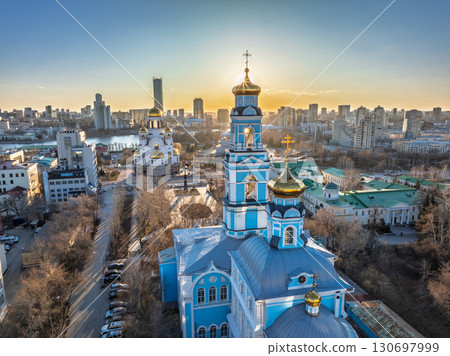Spring or Autumn Yekaterinburg, Temple of the Ascension and Temple on Blood in beautiful clear sunset. Spring or Autumn Yekaterinburg, Temple of the Ascension and Temple on Blood in beautiful clear sunset. 130697999
