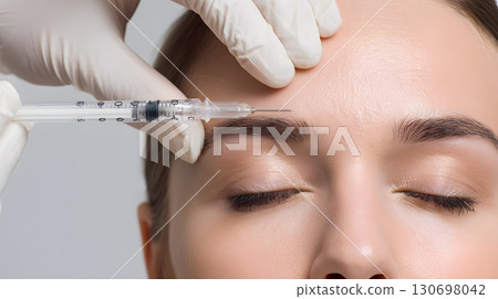 Cosmetic treatment of a woman receiving injections for wrinkles around the eyes. Close-up of anti-aging treatment Cosmetic treatment of a woman receiving injections for wrinkles around the eyes. Close-up of anti-aging treatment 130698042