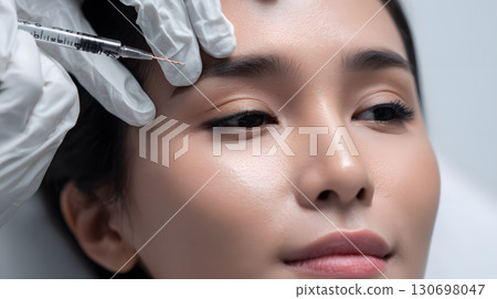 Cosmetic treatment of a woman receiving injections for wrinkles around the eyes. Close-up of anti-aging treatment Cosmetic treatment of a woman receiving injections for wrinkles around the eyes. Close-up of anti-aging treatment 130698047