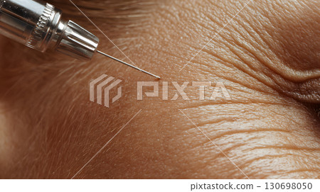Cosmetic treatment of a woman receiving injections for wrinkles around the eyes. Close-up of anti-aging treatment 130698050