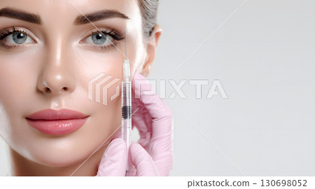 Cosmetic treatment of a woman receiving injections for wrinkles around the eyes. Close-up of anti-aging treatment 130698052