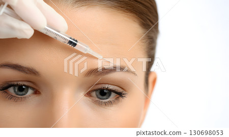 Cosmetic treatment of a woman receiving injections for wrinkles around the eyes. Close-up of anti-aging treatment 130698053