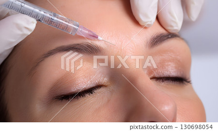 Cosmetic treatment of a woman receiving injections for wrinkles around the eyes. Close-up of anti-aging treatment 130698054