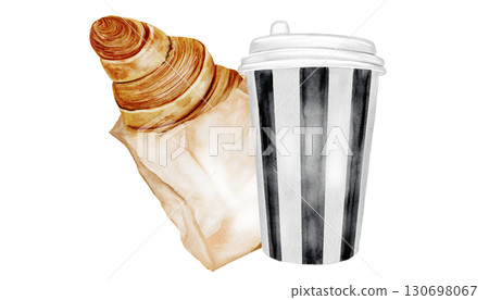 Coffee cup and croissant watercolor illustration. Hand drawn fresh french bun with with hot cappuccino. Food clip art. Ideal for bakery prints, postcards and pastry shop posters. 130698067