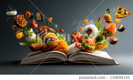 Creative cookbook visuals with flying ingredients 130698191