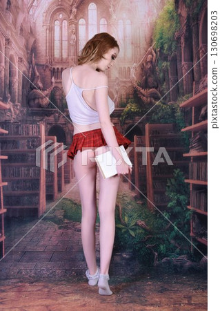 Tall, pretty, shapely redhead model dressed as a schoolgirl in a fantasy library 130698203