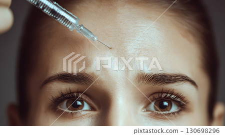 一位女士注射肉毒桿菌來改善額頭上的皺紋。抗老美容療程圖片。 130698296