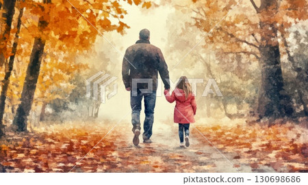 Emotional watercolor autumn family lifestyle painting father daughter artistic seasonal concept Emotional watercolor autumn family lifestyle painting father daughter artistic seasonal concept 130698686