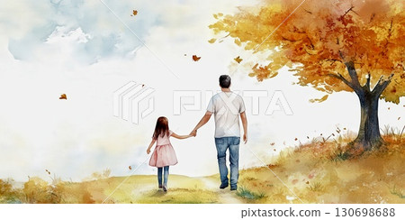 Autumn watercolor family father daughter scene emotional artistic seasonal lifestyle concept illustration 130698688