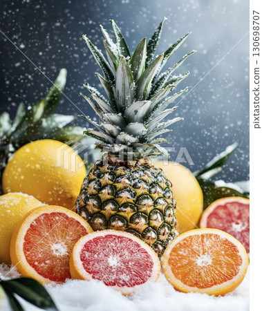 Tropical fruits pineapple orange grapefruit splashing in water with ice refreshing design Tropical fruits pineapple orange grapefruit splashing in water with ice refreshing design 130698707