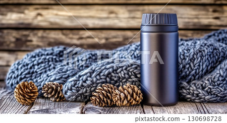 Thermos and pinecones with knitted blanket rustic autumn setting 130698728