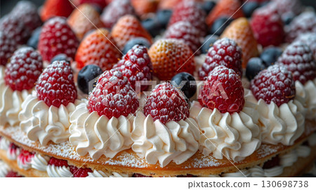 A close-up of a cake with berries. A birthday cake with strawberries and raspberries. A wedding cake background. 130698738