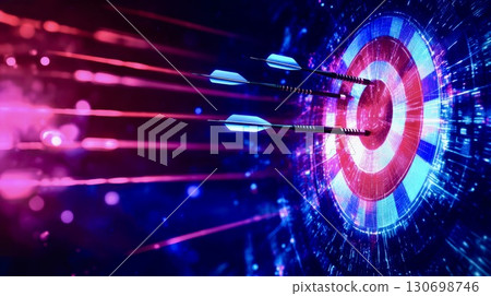 Futuristic digital dart hitting bullseye glowing target precision success strategy Futuristic digital dart hitting bullseye glowing target precision success strategy 130698746
