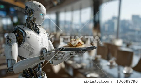 Robot waiter serving food in high-rise restaurant with city background 130698796