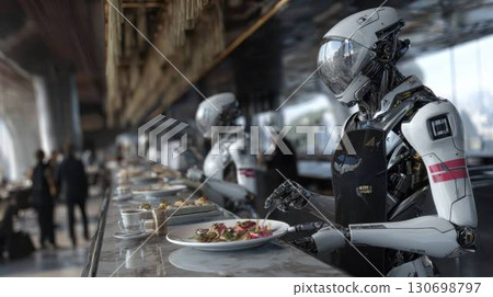 Robot chef prepares food in futuristic dining bar Robot chef prepares food in futuristic dining bar 130698797