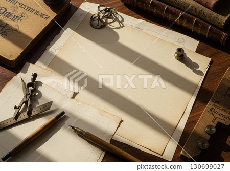 Vintage Typography and Letterpress Paper Flatlay with Calligraphy and Design Tools for Creative Branding 130699027
