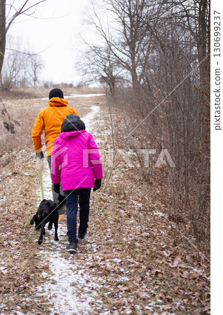 Venturing through serene winter trails with my beloved dog on a brisk and chilly day amidst the tranquility of a peaceful forest 130699237