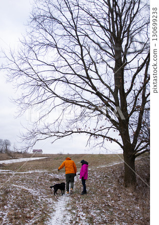 Walking through a winter landscape with a playful dog, enjoying the serene beauty of nature on a chilly day in an open field 130699238