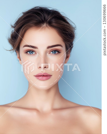 Portrait of a young woman with a mark on a female face on a studio background, preparing for a facelift procedure 130699666