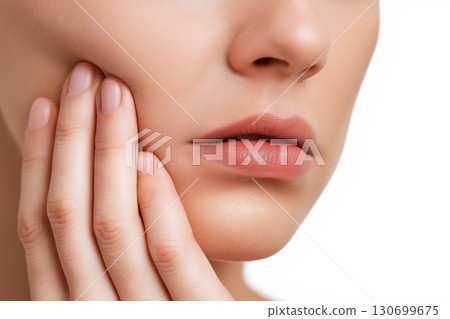 sad female holds sore cheek on white isolated background. Severe ache toothache. Problems and pain in teeth and gums. Dentistry and dental clinic sad female holds sore cheek on white isolated background. Severe ache toothache. Problems and pain in teeth and gums. Dentistry and dental clinic 130699675