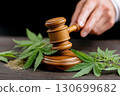 judge's gavel in the male hand and marijuana leaves in the courtroom. Concept of legalizing and decriminalizing weed and drugs 130699682