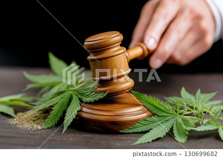 judge's gavel in the male hand and marijuana leaves in the courtroom. Concept of legalizing and decriminalizing weed and drugs judge's gavel in the male hand and marijuana leaves in the courtroom. Concept of legalizing and decriminalizing weed and drugs 130699682