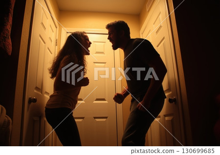 married couple is quarreling in the home. Silhouette of an aggressive husband and wife screaming. Family conflict and disagreements. The couple is fighting. Domestic violence and abusive relationships 130699685