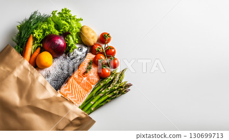 Styling a paper bag filled with healthy ingredients 130699713